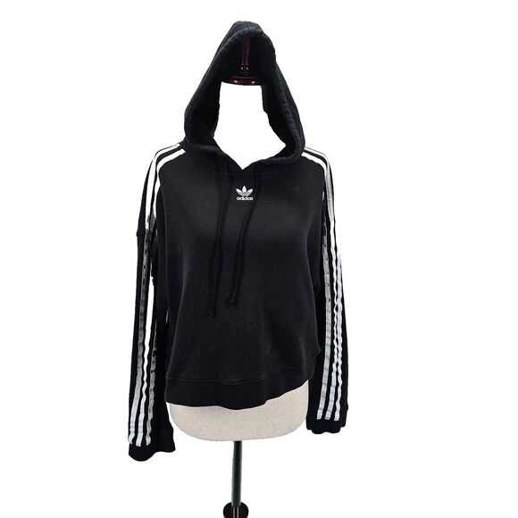 Adidas Sweatshirt Womens‎ Small Black 3 Stripes Hoodie Pullover Long Sleeve Crop - Picture 1 of 12